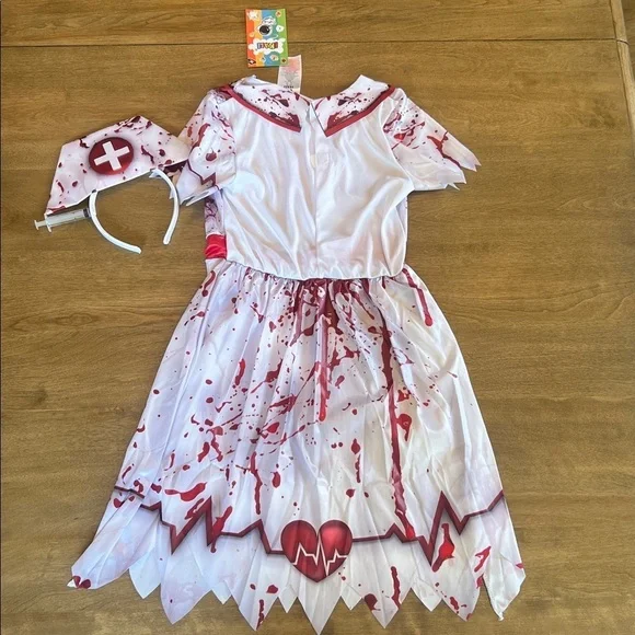Ikali Girls Zombie Nurse Dress Headband 2 Piece Halloween Costume Size 7-8 Scary - Picture 6 of 10